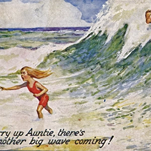 Little girl at the seaside on a comic postcard