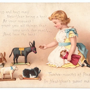 Little girl with her toys on a New Year card