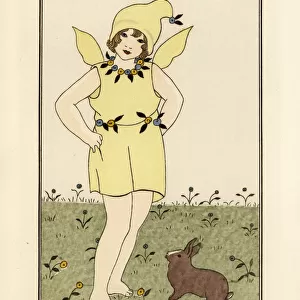 Little girl in yellow dress as an imp or fairy