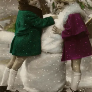 Two little girls on Christmas Greetings postcard