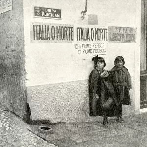 Two little girls and posters, Fiume, Free State of Fiume
