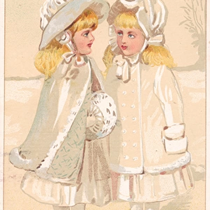 Two little girls in the snow on a Christmas card