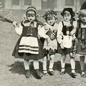 Five little girls in traditional dress, Denmark
