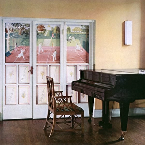 Living room with painted panels by Eric Ravilious