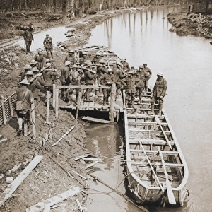 Loading pontoon boats with ammunition, Western Front, WW1