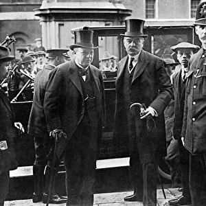 Lord Kitchener and Lord Haldane arriving at the War Office