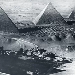 Low aerial view of Gizeh Pyramids