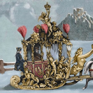 Ludwig II of Bavaria (1845-1886) travelling in sleigh. Engra