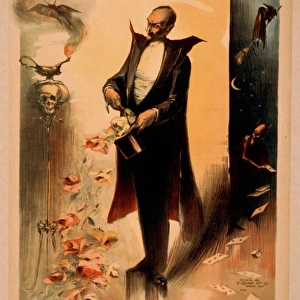 Magician pulling roses out of top hat surrounded by supernat
