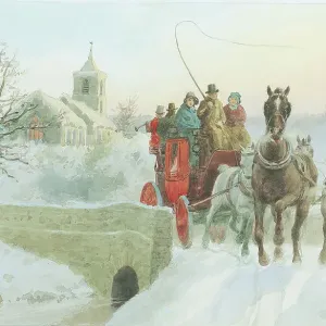 A Mail Coach thundering along a snowy country lane in winter