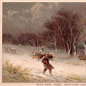 Man carrying holly through the snow on a Christmas card