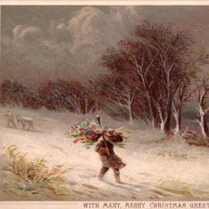 Man carrying holly through the snow on a Christmas card