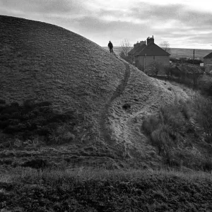 Man on coal spoil tip Blaenavon, South Wales