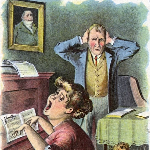 Man at the end of his tether with piano-playing singing wife