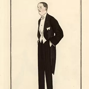 Man in evening suit with white waistcoat and silk gaiters