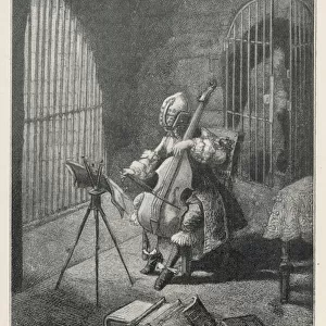 Man in the Iron Mask, playing the cello in prison