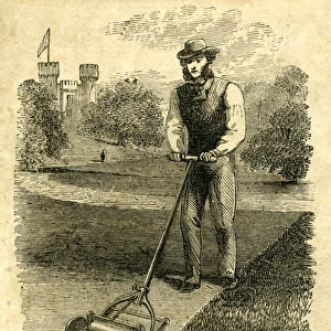 Man mowing in castle grounds