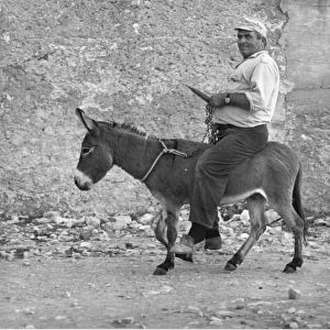 Man riding a small donkey