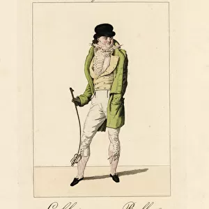 Man with round bowler hat and whip