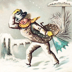 Man in the snow and wind on a Christmas card