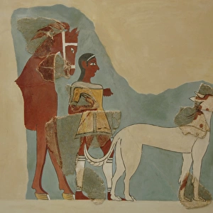 Man standing holding the reins of a horse with a dog before
