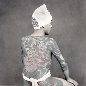 Man with tattoos, tattooed back, Japan, c. 1880 s