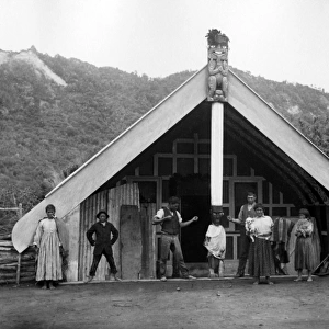Maori group outside building, New Zealand