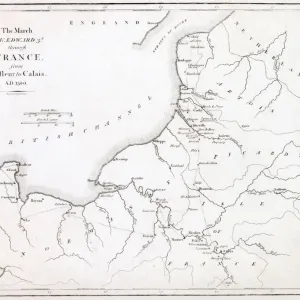 A map showing the movement of King Edward III through France from Barfleur to Calais in