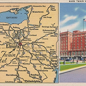 Mark Twain Hotel and map, Elmira, New York State, USA