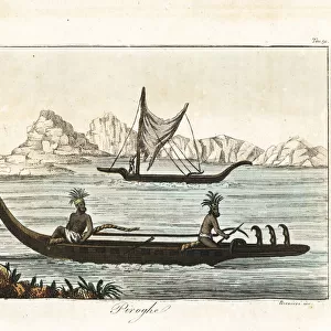 Marquesas Islanders in war pirogues or outrigger canoes