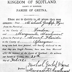 Marriage certificate issued at Gretna Green, Scotland