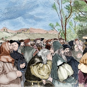 Martin Luther (1483-1546) preaching in Mora. Engraving. Colo