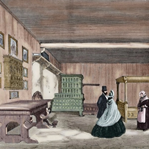 Martin Luthers Room in Wartburg Castle. Engraving. Colored