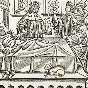 Medical History. Doctors with a patient. Engraving. 16th cen