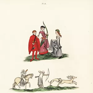 Medieval ladies hunting with bow and arrow
