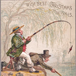 Two men fishing on a comic Christmas card