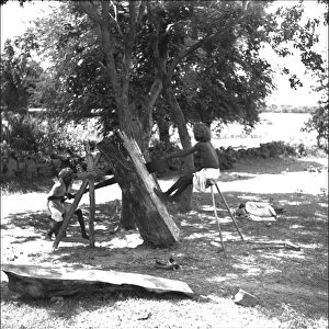 Two men sawing a log, Madhya Pradesh, India
