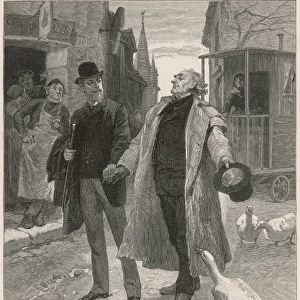 Two men walking through a village