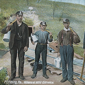 Miners at mine entrance, Pittsburgh, PA, USA