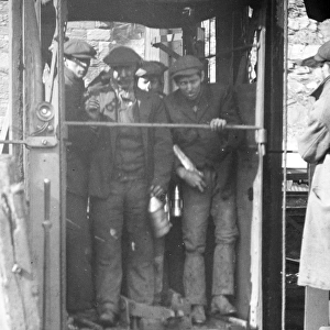 Miners in shaft lift, Llanerch Colliery, South Wales