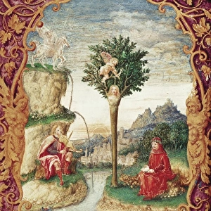 Miniature with Francesco Petrarca, Laura de Noves and a mins