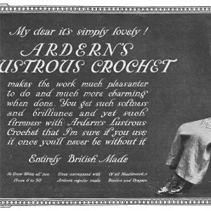 Two models discuss the simply lovely crochet yarn, an advert for Ardern's Lustrous Crochet Date: 1918 Two models discuss the simply lovely crochet yarn, an advert for Ardern's Lustrous Crochet Date: 1918
