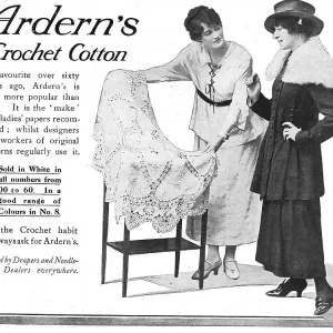 Two models discussing a fabric held out by the draper. Advert for Arden's Crochet Cotton. Date: 1918 Two models discussing a fabric held out by the draper. Advert for Arden's Crochet Cotton. Date: 1918