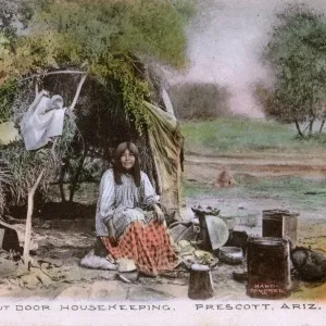 Mojave Apache Indian Woman cooking outside her home