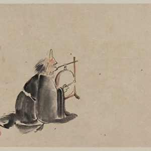 A monk wearing a mask(?) with a horn, sitting on the ground