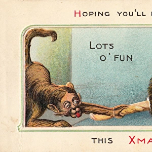 Monkey and cat on a Christmas card