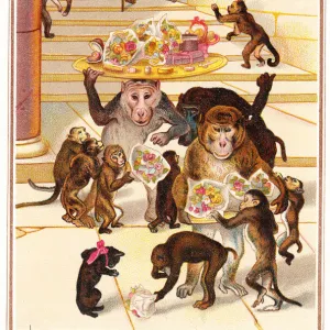 Monkeys bringing gifts to a kitten on a Christmas card