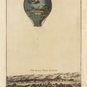 Montgolfier balloon in flight over Lyons, France Montgolfier balloon in flight over Lyons, France