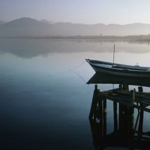 A moored boat and wooden jetty, Fethiye, Turkey