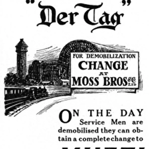 Moss Bros advertisement, end of WW1, demobilisation